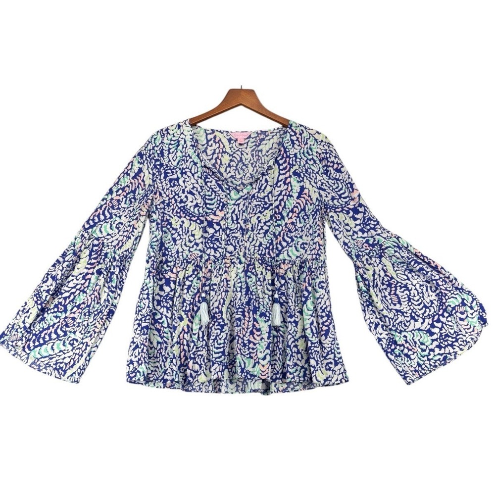 Lily Pulitzer Kahli Shirt Women Small Grotto Bell Sleeve Tunic Boho Rayon Blouse